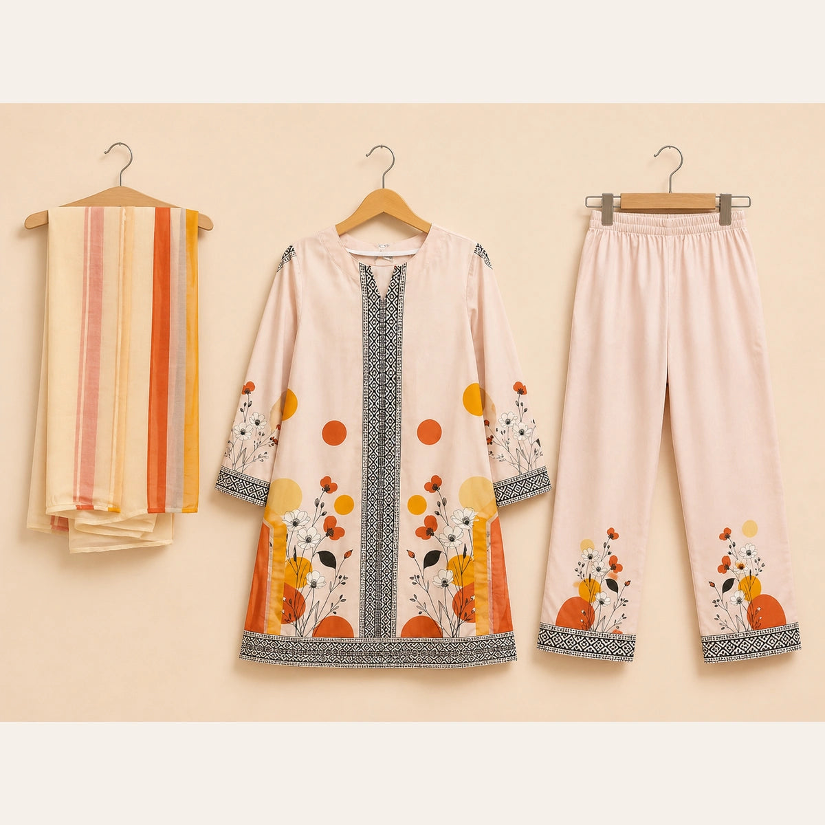 Girls Traditional– Elegant Pink&Orange Printed 3 Piece Suit