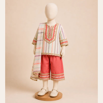 Multicolor Striped Girls Traditional 3 Piece Suit