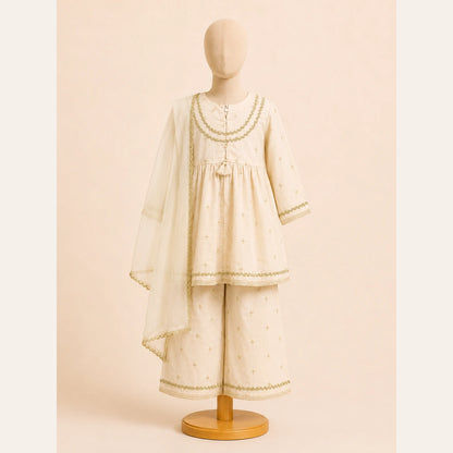 Ivory White Embroidered Girls 3 Piece Suit with Dupatta