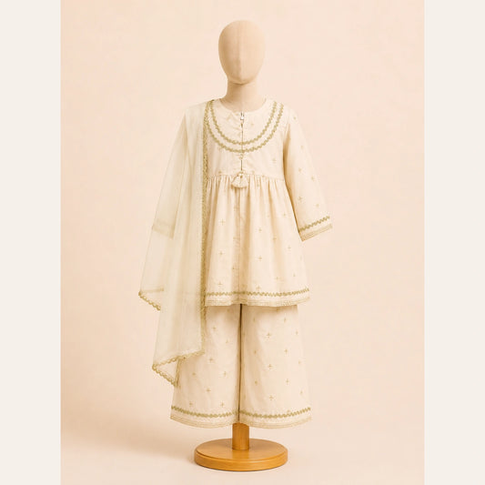 Ivory White Embroidered Girls 3 Piece Suit with Dupatta
