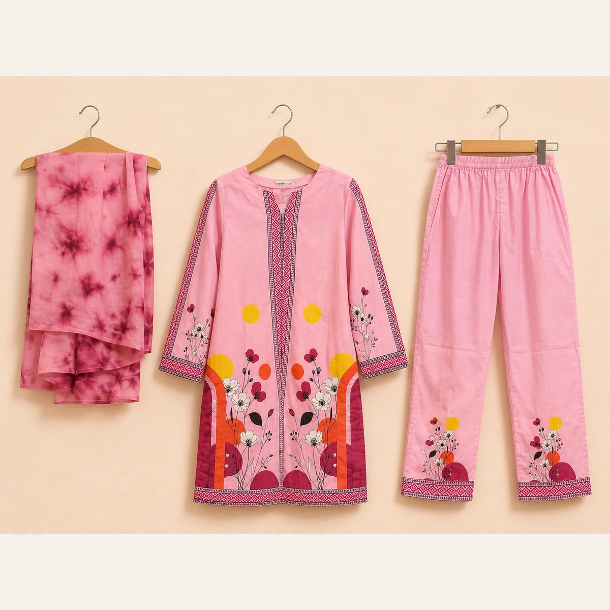 Girls Traditional– Elegant Pink&Orange Printed 3 Piece Suit