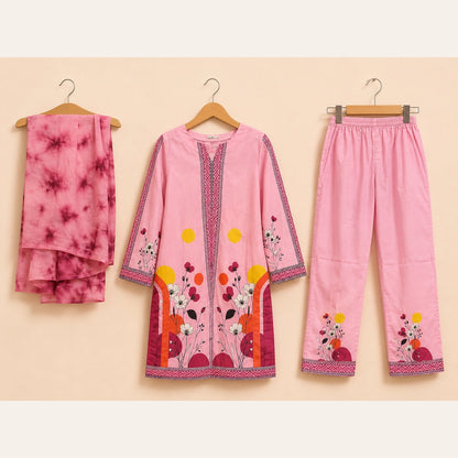 Girls Traditional– Elegant Pink&Orange Printed 3 Piece Suit