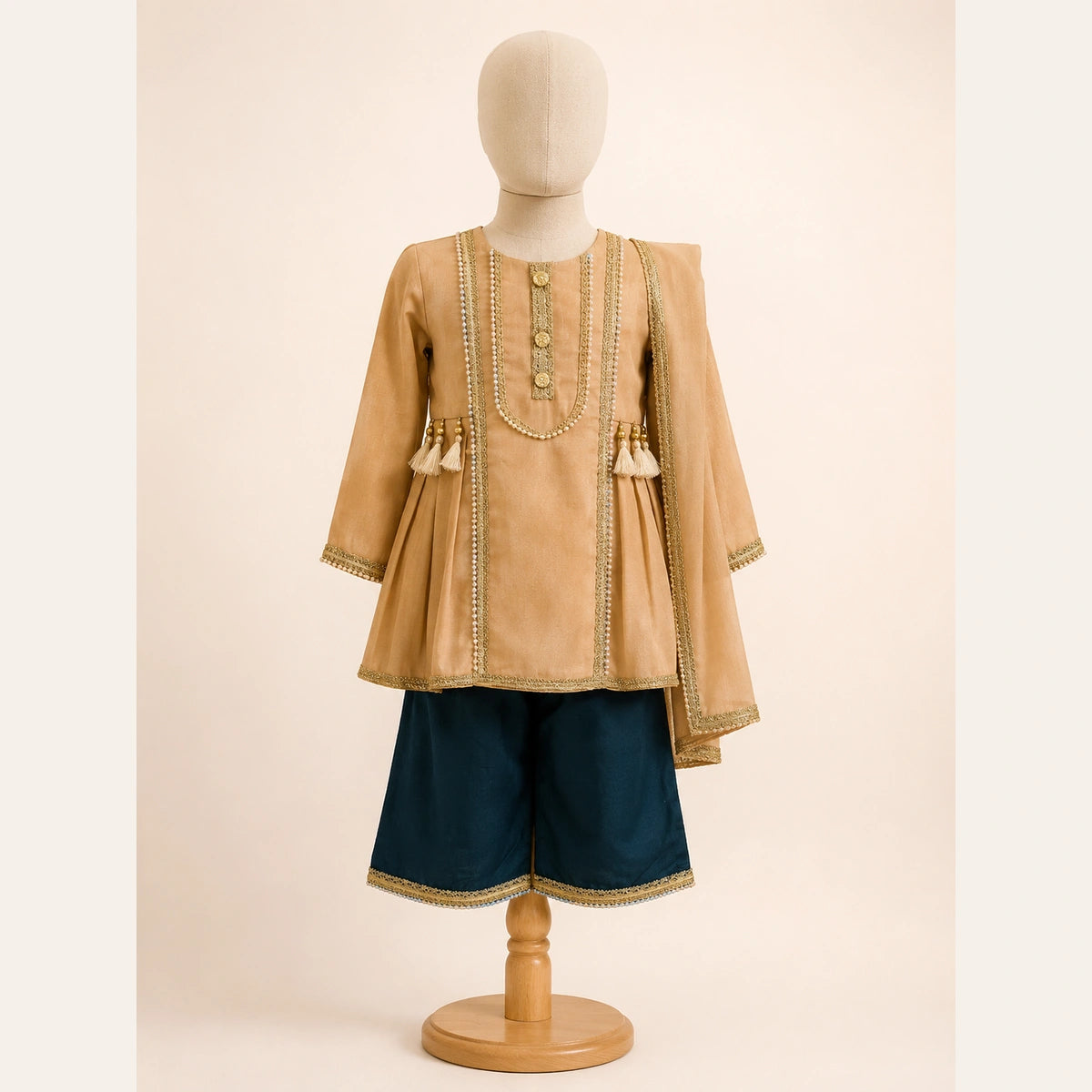 Beige & Teal Embroidered Girls 3 Piece Suit