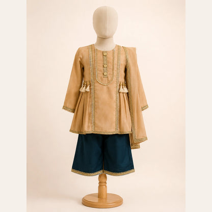 Beige & Teal Embroidered Girls 3 Piece Suit