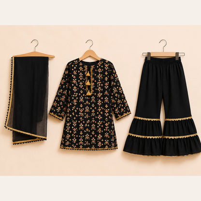 Black Printed Girls Traditional 3 Piece Suit