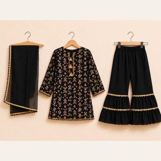 Black Printed Girls Traditional 3 Piece Suit