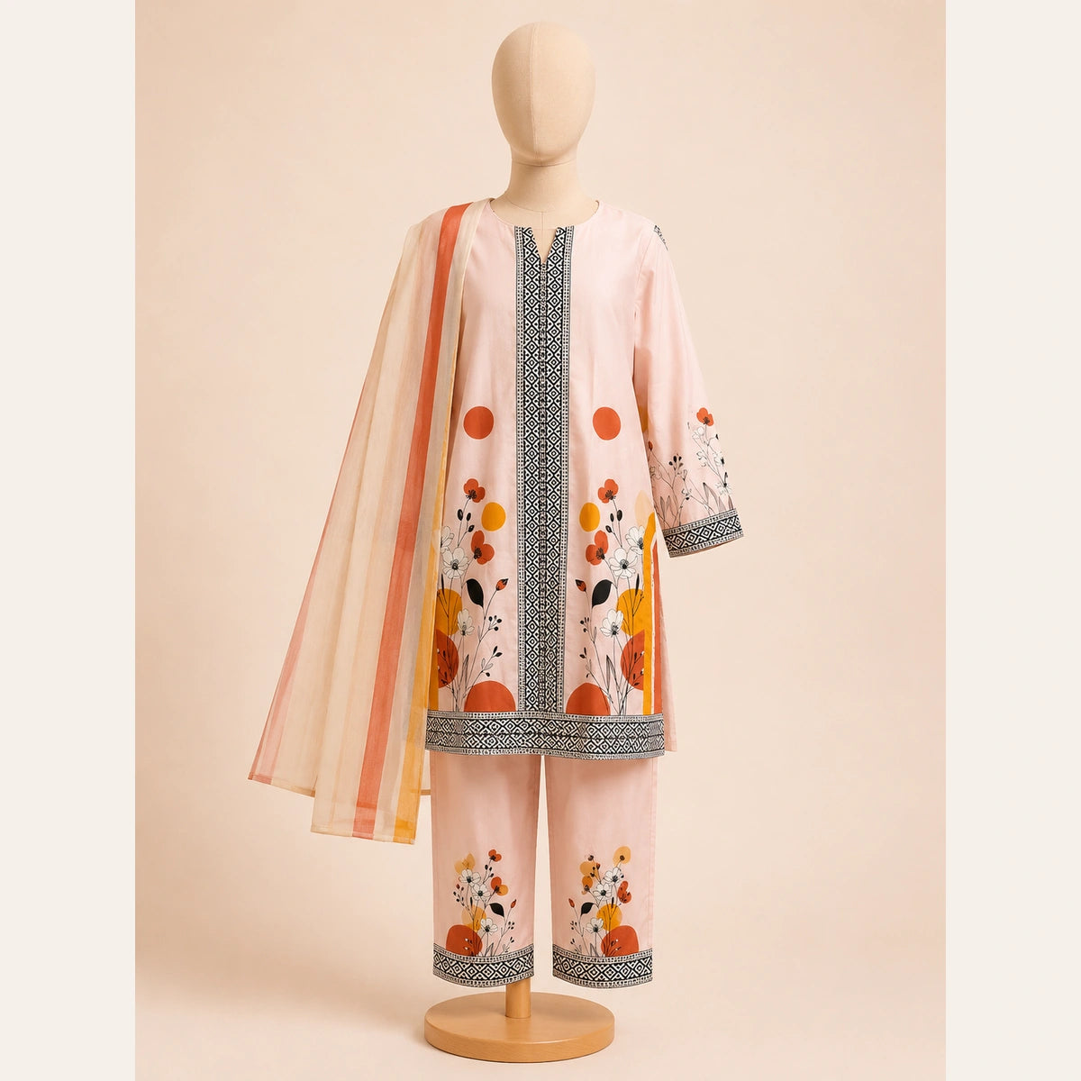 Girls Traditional– Elegant Pink&Orange Printed 3 Piece Suit