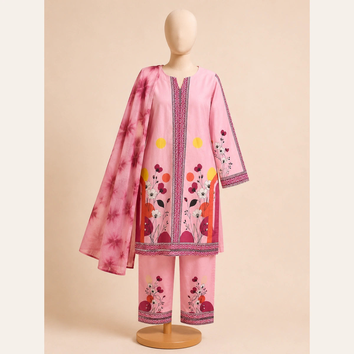 Girls Traditional– Elegant Pink&Orange Printed 3 Piece Suit
