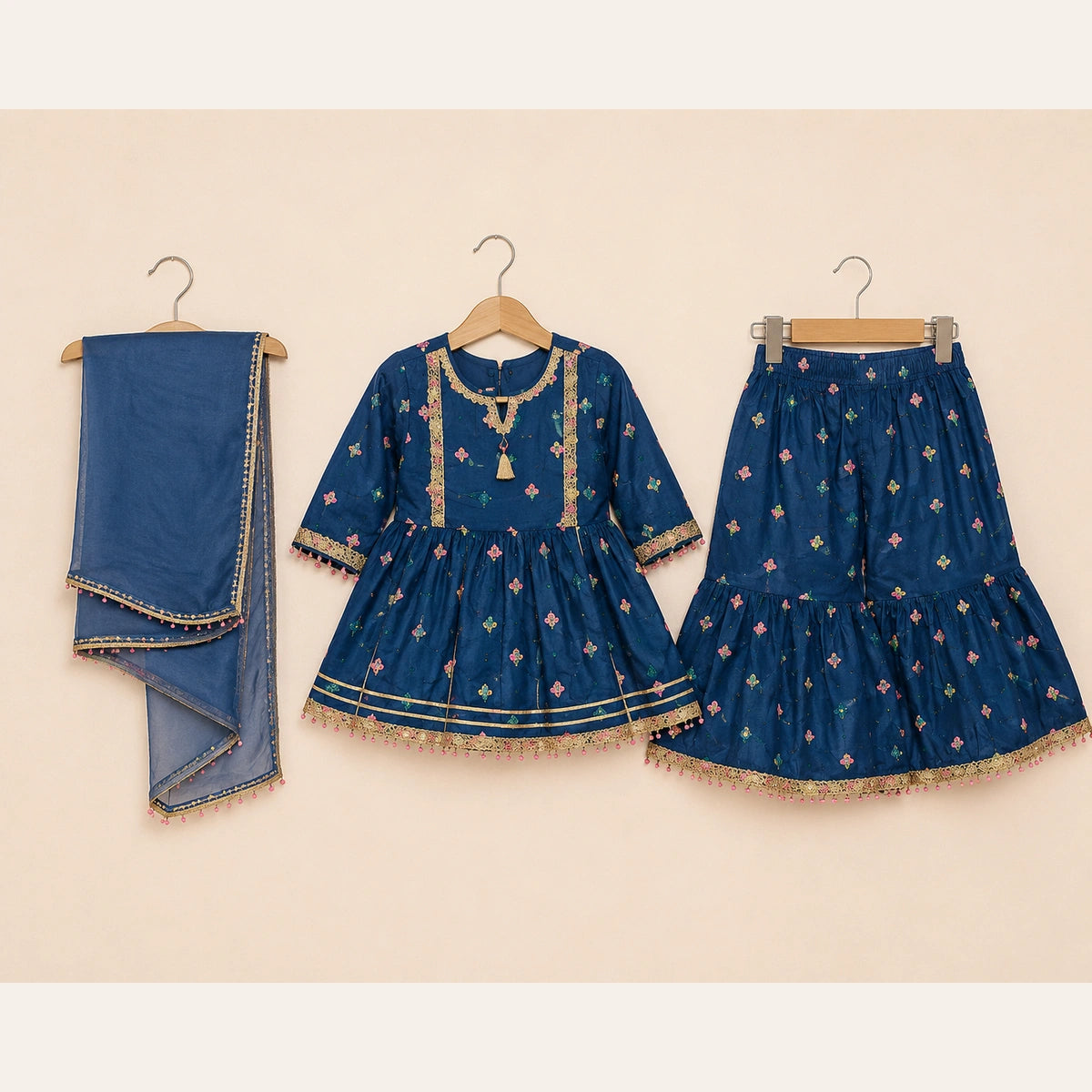 Girls Traditional – Elegant Blue Embroidered 3 Piece Suit