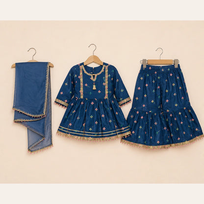 Girls Traditional – Elegant Blue Embroidered 3 Piece Suit