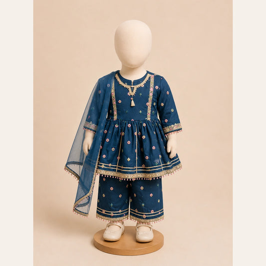 Girls Traditional – Elegant Blue Embroidered 3 Piece Suit